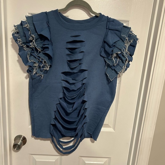 Blue Distressed Ruffle Sleeve Top - Picture 1 of 2